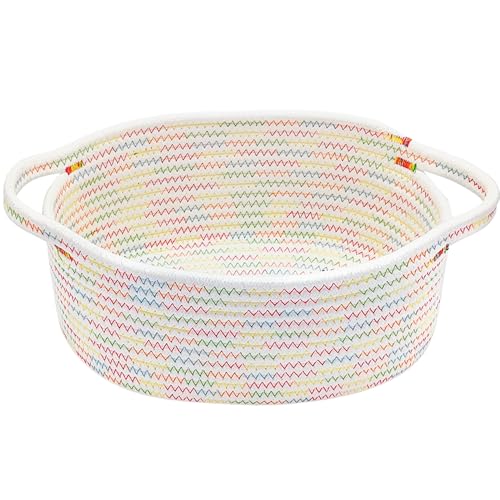 Image of ABenkle Small Basket with Handles, Boho Decorative Rope Woven Dog Cat Toy Storage Bin Shelf Storage Organizer, Easter Christmas Gift Basket, 12 inchx8 inchx5 inch