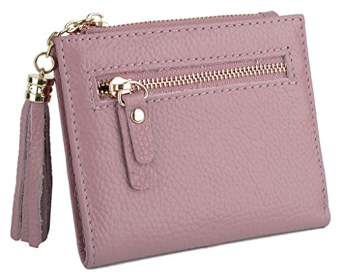 YALUXE Women's Compact Small Leather Billfold Wallet with Tassel Zipper Light Pink