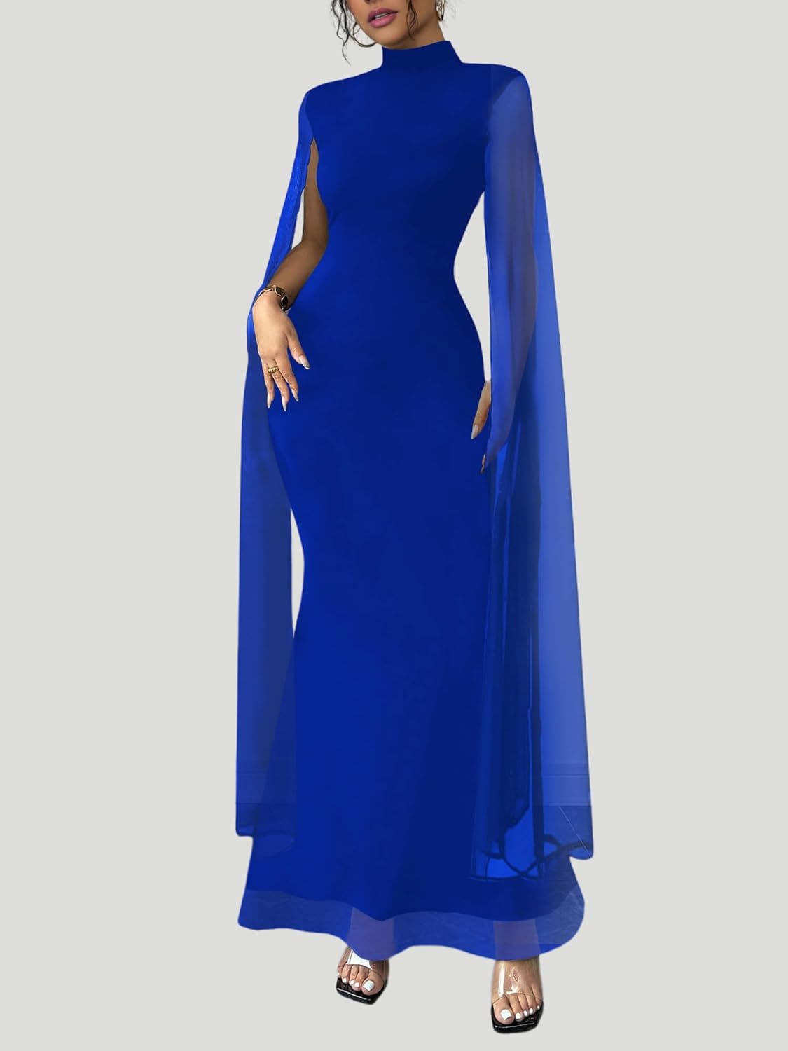 WISFRUIT Women Sexy Elegant Formal Mock Neck Flare Sleeve Mesh Evening Gowns Maxi Dress