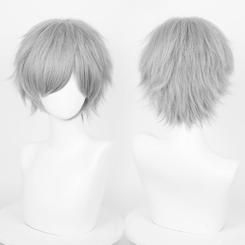 Image of LABEAUTE Short Grey Wig Male Men, Anime Fluffy Golden Cosplay Wigs With Bangs Unisex Heat Resistant Hair for Party Halloween + Free Cap