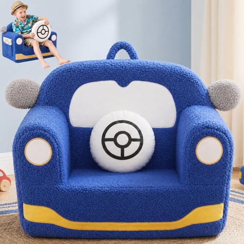 OUOZZZ Canapé Enfant pour 3-6 Ans, Fauteuil chauffeuse en Sherpa Doux, Petit Fauteuil Mini canapé avec Coussin pour Chambre, Bleu Voiture