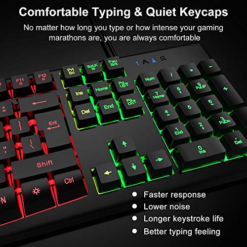 Rainbow Gaming Keyboard and Mouse Combo, MFTEK Wired RGB Backlit Gaming Keyboard and 4 Color Lighted Gaming Mouse Set with Mouse Pad for Computer PC Gamer Laptop Work