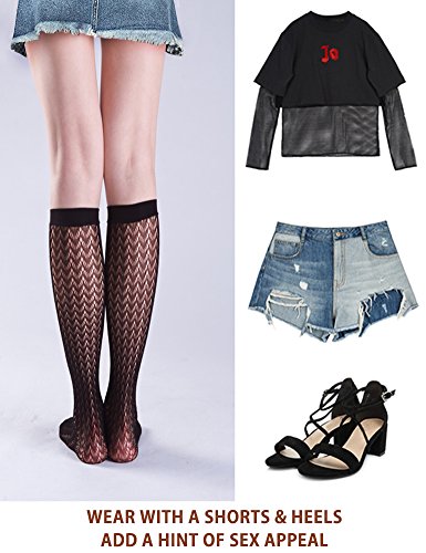 VERO MONTE 4 Pairs Women's Fishnet Knee High Socks - Stylish Black + Hollow Out3