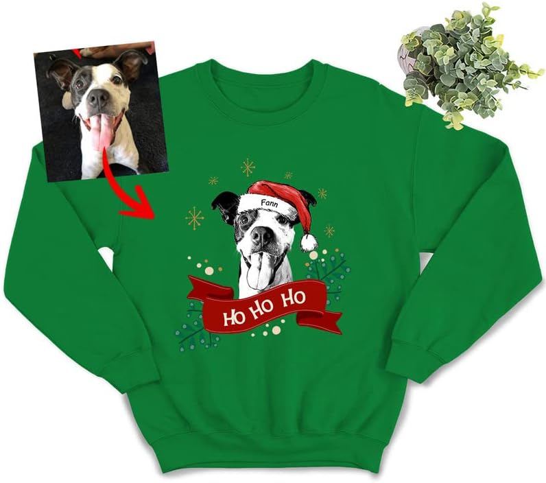 Pawarts Customized Pet Portrait Christmas Ribbon Shirt- Custom Dog Shirts for Dog Mom Dog Dad Funny Xmas Gift,Holiday Shirt
