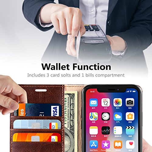 Belemay Iphone X Wallet Case, Iphone 10 Case, Genuine Cowhide Leather Flip Case Slim Fit Folio Cover [Durable Soft Tpu Inner Case] Card Holder Slots, Kickstand, Cash Pockets Compatible Iphone X, Brown #TOP2