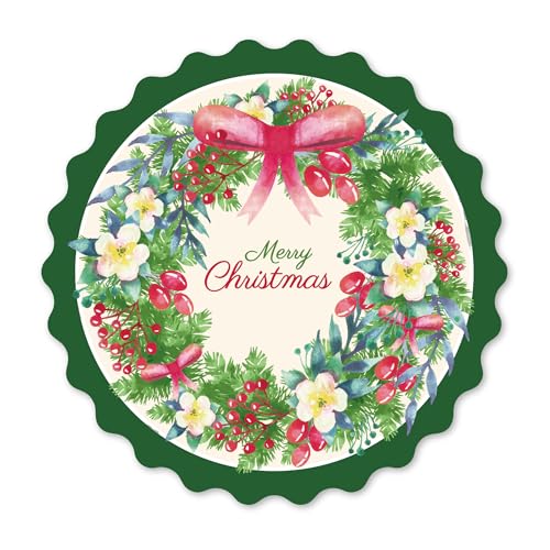 Soul & Lane 48 Pack Round Paper Placemats, Christmas Disposable Placemats for Party, 13.5-Inch Paper Place Mats for Dining Table, Holiday Decorative Table Mats, Christmas Wreath