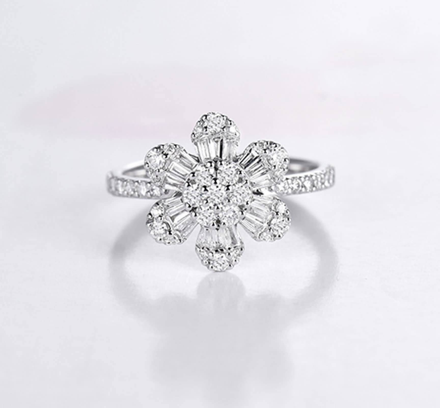 Pierścionki 14K Białe Złoto, Dziewczyna Pierścionek 0,65 ct Diament Kwiat Rocznica Ślubny Prezent Pierścień Rozmiar 6,75-20