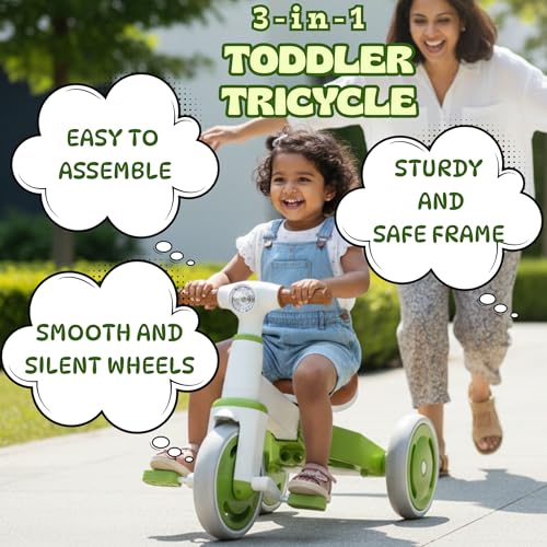 Image of 3-in-1 Toddler Tricycle & Balance Bike for Toddlers 1-3 Years, Easy-Assemble Baby Trike with Silent Wheels, Sturdy Safe Frame, Indoor & Outdoor Ride-On Bicycle for Boys & Girls (Green White)