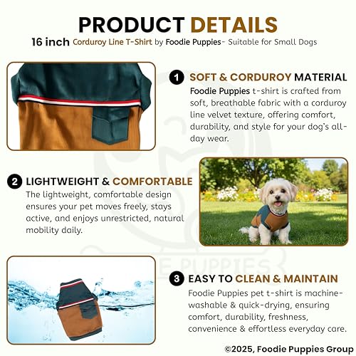 Image of Foodie Puppies Corduroy Line Velvet Pocket T-Shirt Warm Sweater Jacket - (16 inch, Tale & Brown) for Small Dogs | Soft, Lightweight Pet Apparel with Stylish, Comfortable, Durable & Stretchable Outfit