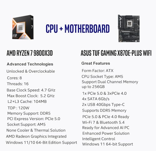 Image of MICRO CENTER AMD Ryzen 7 9800X3D CPU Processor with ASUS TUF Gaming X870E-PLUS WIFI7 ATX Motherboard (DDR5, PCIe 5.0 x16, 4X M.2 Slots, WiFi 7, 2 x Type-C USB4)