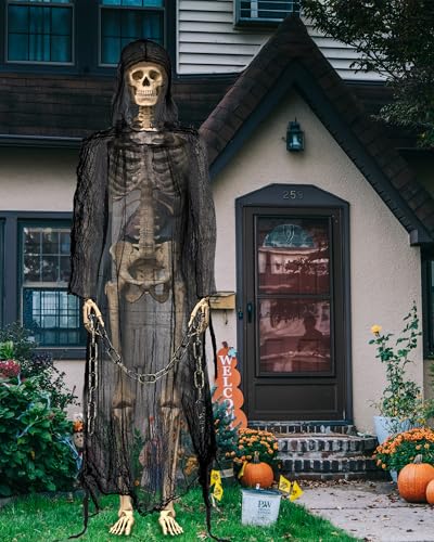 Yeyeplum 12 ft Skeleton Accessories,Giant Skeleton Mesh Cloak with Hood and Plastic Chains Outfit Costume Set Halloween Horror Clothing for 12 ft Skull Halloween Garden Outdoor Decor