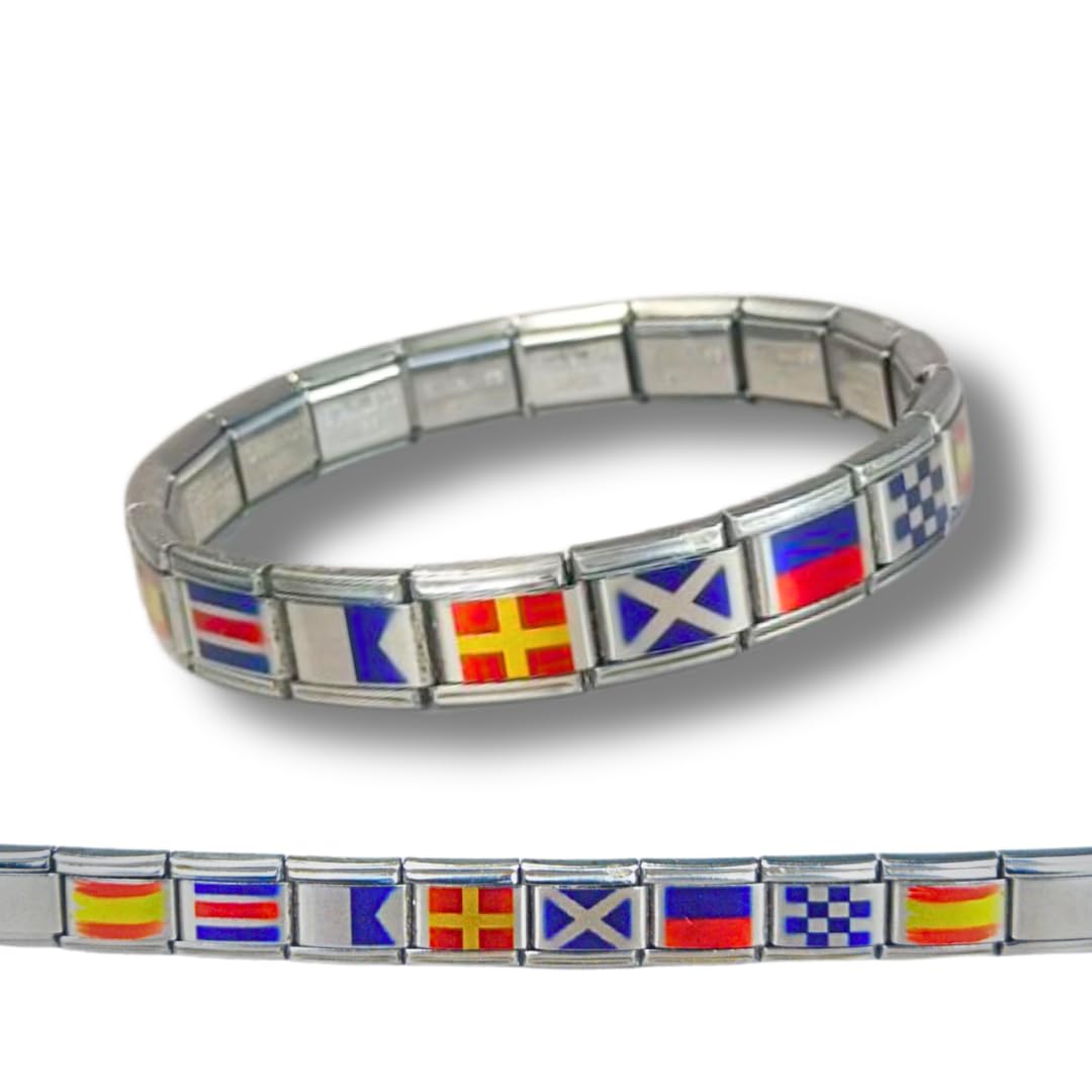 Feyma Pulsera nautica de Acero inoxidable - Banderas de España, con nombre de la Virgen del Carmen, Patrona de los Marineros, en banderas nauticas