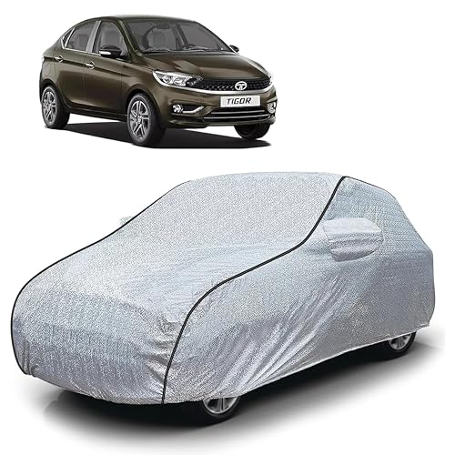 Image of Sulfar 100% Waterproof Car Body Cover Compatible with Mirror for Tata Tigor (Triple Stitched, Full Bottom Elastic, Magic Silver with Black Piping)