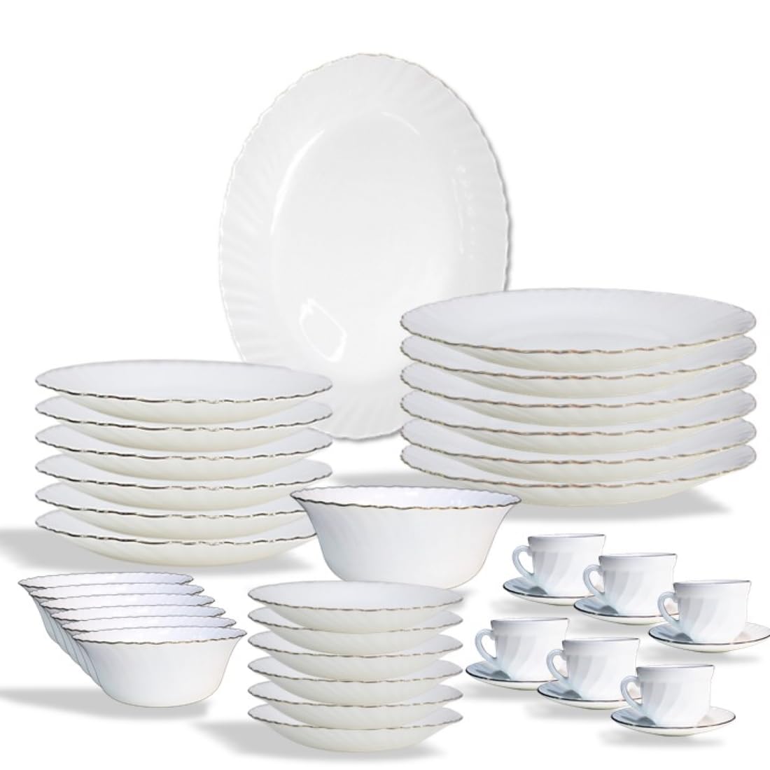 Danny home 38 Pcs Opalware Goldline Dinner set 6 Dinner Plates, 6 Dessert Plate, 6 Deep Plates, 6 Soup Bowls, 6+6 Cup and Saucers, 1 Oval Plate and1 Salad Bowl