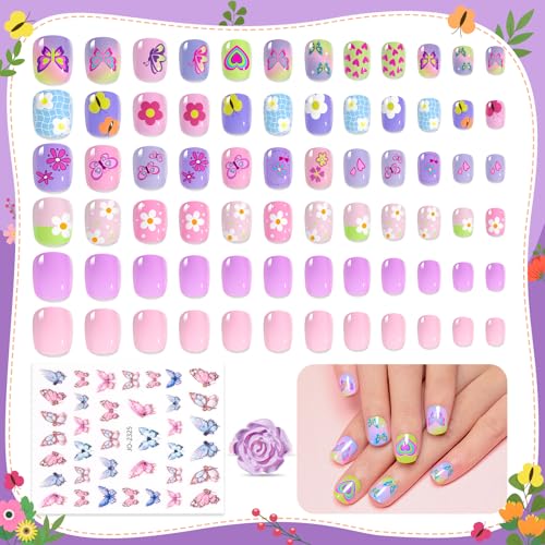 Beetles Press On Nails for Girls Butterfly Kids Press On Nails 144 Pcs 6 Pack with Adhesive Tabs & Nail Stickers Kids Stick on Nails Fake Nails for Kids Cute Press On Nails Full Cover Acrylic Nail Tip