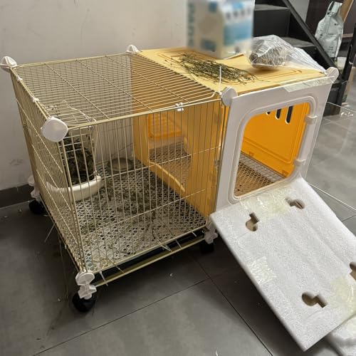 Jaula de interior para conejos con ruedas, casa para mascotas para conejos y cobayas, incluye comedero para alimentos, cuenco de agua, nido de hierba, fácil de limpiar