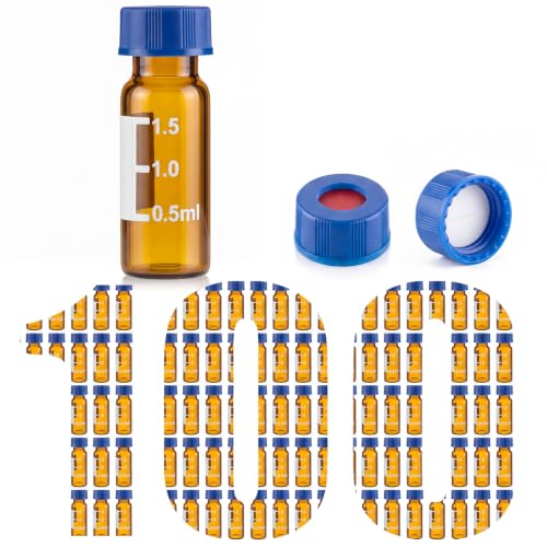 LemonRoad 100 Pcs 2 ml Autosampler Vials 9-425 GC/HPLC Amber Sample Vials with Screw Cap Write-on Spot &amp; Graduations &amp; PTFE &amp; Silicone Septa for LC Stamper GC-MS Lab Analysis