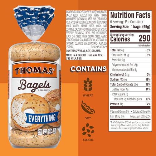 Thomas’ Everything Bagels, 6 Pre-Sliced Bagels with No High Fructose Corn Syrup, 20 Oz Bag