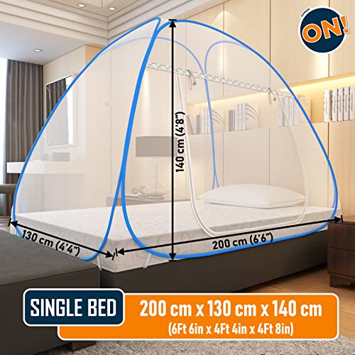 Image of Supreme On Single Bed Mosquito Net with Pocket for Mobile, Spectacles; 6.5 Feet x 4 Feet Premium Machardani, Strong and Durable, 30 GSM, Tent Type, Foldable, Corrosion Resistant (Blue, Single Bed) [200 cm x 130 cm x 140 cm]