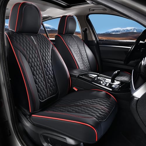 Image of Coverado Front Seat Covers, Waterproof Seat Covers, 2 Pack Nappa Leather Car Seat Covers, Black Seat Covers for Cars, Automotive Seat Covers Universal Car Seat Protector Fit for Most Cars, Black&Red