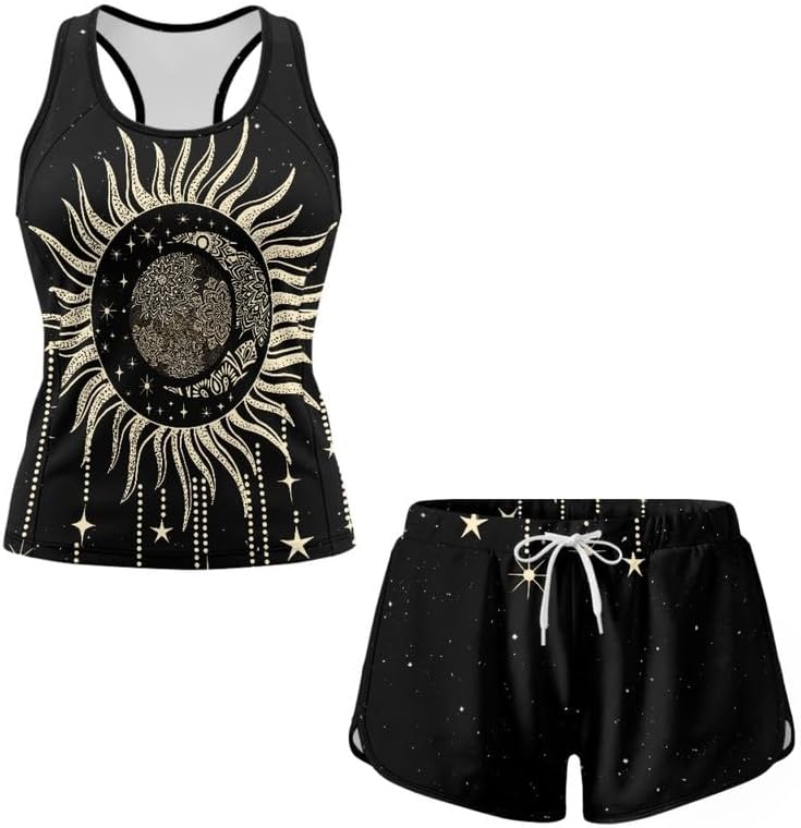 Irisjudy Two Piece Tankini Swimsuits for Women Gothic Tummy Control Modest Bathing Suits with Sporty Pockets Swim Shorts