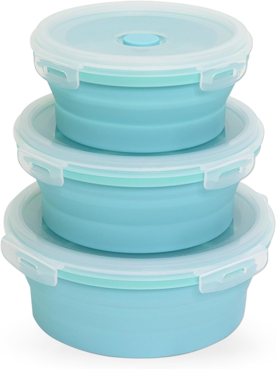 KASTWAVE 3PCS Collapsible Food Storage Containers - Thickened Silicone, Round Camping Bowls (500ml, 800ml, 1200ml), Stackable Vegetable Saver Containers for Refrigerator