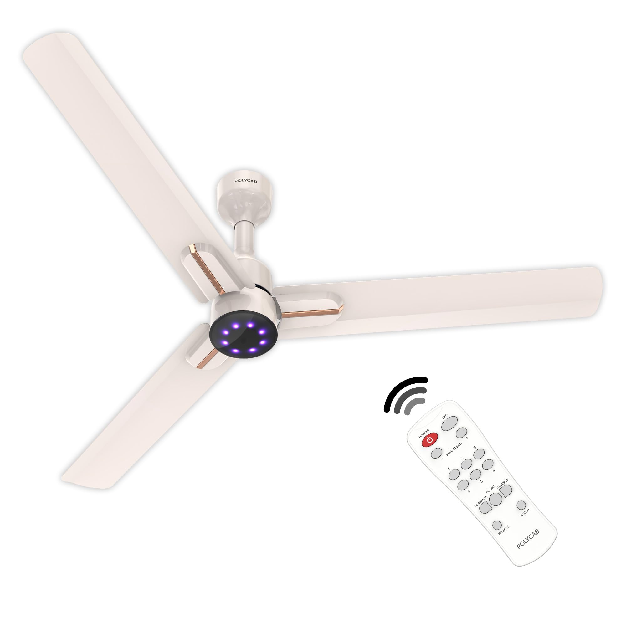 POLYCAB Wizzy Neo LED 1200mm 5-Star BLDC, Remote Ceiling fan for Living Room | 8 Purple LED Speed Indicator | 55% Energy Saving, High Air Delivery, 25 Speed Control | 4-yr Warranty【Beige Rosegold】