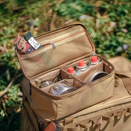 Filteilect Sac de rangement pour ustensiles de cuisine d'extérieur pour camping et pique-nique, tissu Oxford imperméable avec séparation amovible, 34 x 14 x 14 cm, organiseur kaki pour vaisselle et