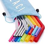 4 Stainless Steel Straws and 8 Silicone Straws with 2 Cleaning Brushes, Reusable Silicone and Metal Drinking Straws for 20oz 30oz Stainless Tumbler Yeti Rambler Rtic Ozark Trail Complete Bundle