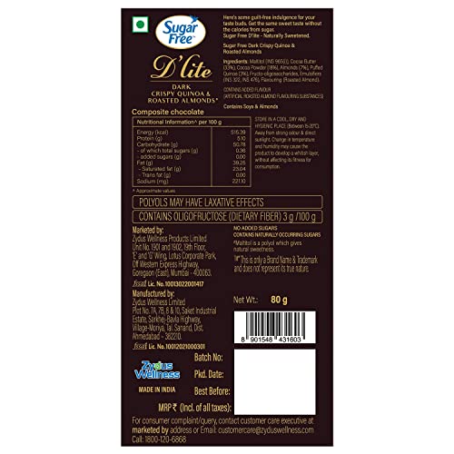 Image of Sugar Free D'lite Quinoa & Almonds Dark Chocolate Bar, 80 Grams (Pack of 6)