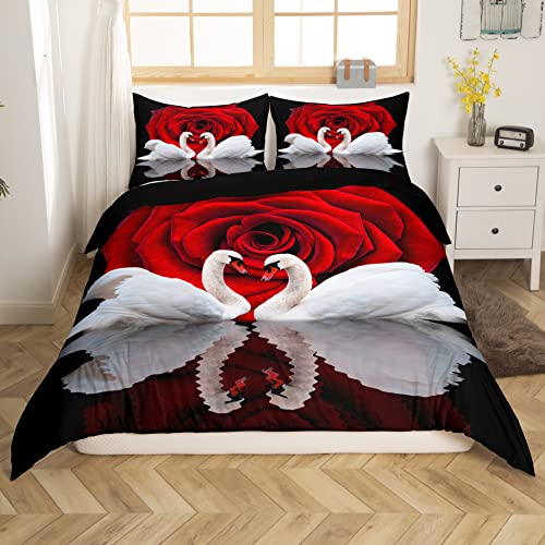 Erosebridal Red Rose Bedding Set Black And White Swan Duvet Cover Queen Size,Birds Comforter Cover,Romantic Flower Quilt Cover Wild Animals Bedroom Decor For Girls Woman Lady Wedding Decorations #TOP2