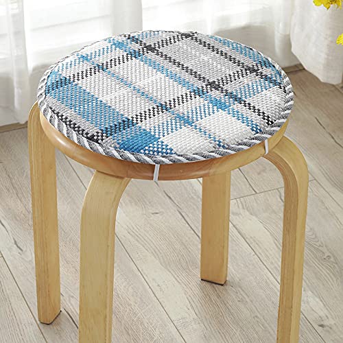 Coussin de tabouret rond 34cm antidérapant en lin et coton à carreaux bleus lot de 2