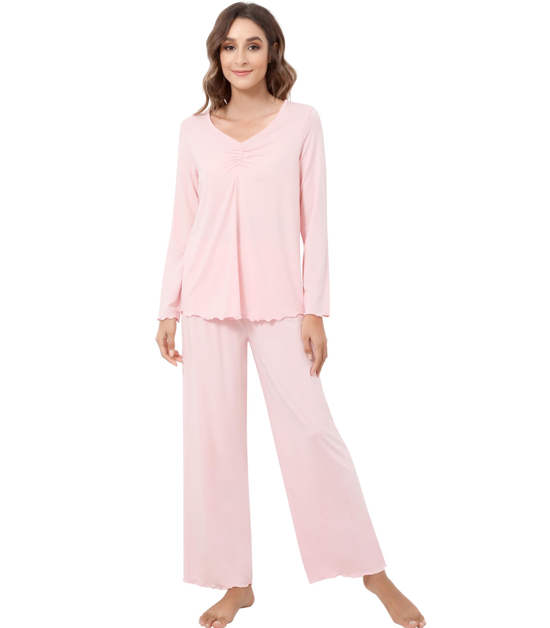 NACHILA Womens Pajamas Set-Viscose Made from Bamboo Long Sleeve Sleepwear V Neck Pjs Top with Pants Comfy Pajama