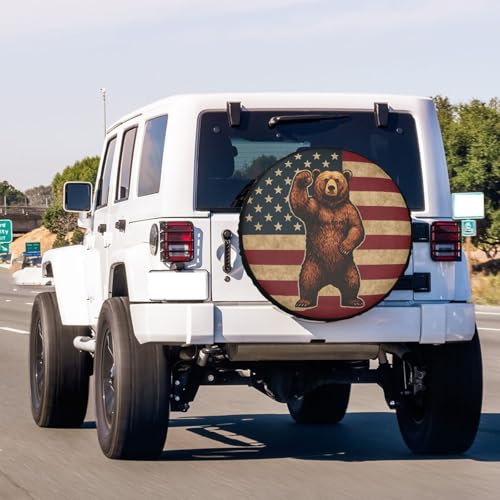 Image of Brown Bear American Flag Spare Tire Cover Dust-Proof Wheel Tire Cover Fit Trailer, RV, SUV and Many Vehicle 17 Inch