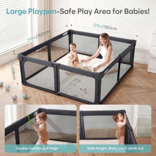 Image of Baby Playpen Portable, Pre-Assembled Play Pen 59x59 Large Foldable Playpen for Babies and Toddlers, Sturdy and Safe Toddler Play Yard Indoor Outdoor with Carry Bag, Black