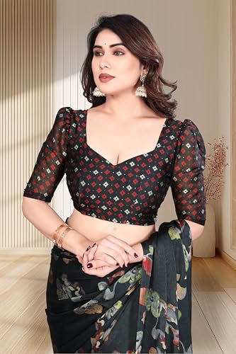 Image of SUPERLAXMI Women's Chiffon Floral Printed Saree with Blouse Piece