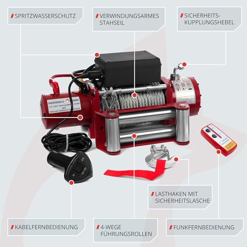 Electric Winch 12V with Radio Remote Control - 5909 kg 13000 lbs, 6 HP Power Offroad 4x4 Motor Winch Pulley Forst Cable with Steel Cable, Red