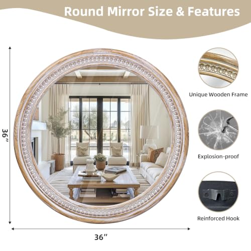Image of 36 Inch Rustic Farmhouse Round Mirrors for Wall Decor, Wooden Circle Mirror | Boho Accent, HD Tempered Glass, Decorative Focal Point for Over Sink, Living Room, Entryway, Bathroom, and Hallway