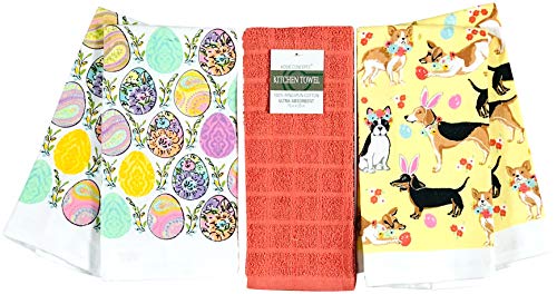 Easter Spring Kitchen Dish Towels 5 Pc Colorful Decorated Ornate Eggs and Playful Dogs on The Hunt YellowMulti