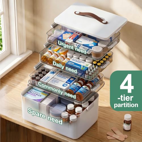 Image of Spreezy 4-Tier Medicine Storage Box for First Aid, Craft, Art, Sewing | Portable Cabinet with Leather Handle, Lid & Clasp, Large Capacity Multifunctional Storage Box, for Home, Dorm / Office