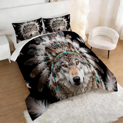 Image of 3D Wolf Comforter Set Queen Size Wildlife Animal Bedding Sets for Kids Adults Boys Girls Bedroom Black Brown Tribal Feather Quilt 1 Comforter 2 Pillowcases