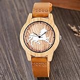 クリエイティブウッドウォッチメンズレディースカップルクォーツ模造竹木製男性動物馬ウォッチウォッチレザー腕時計リロイ (W2 女性用)