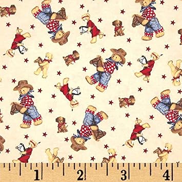Flannel Tossed Cowboy Bears Ivory/Multi, Fabric by the Yard