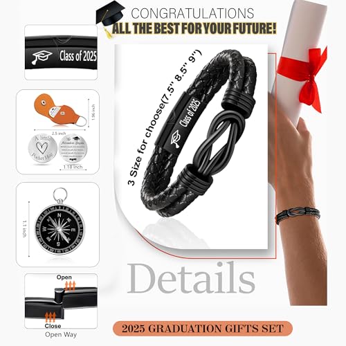 Graduation Gifts for Him, 2025 High School Graduation Gifts Class of 2025 Teen Gift Trendy Stuff Leather Bracelet for Men with Pocket Hug Token Compass College Middle 5th 8th Grade Masters Degree Graduate Knot Jewelry for Son Grandson Boyfriend