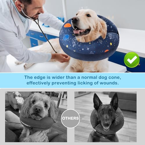 Image of SCENEREAL Dog Cone Alternative After Surgery Donut Collar, Soft Pet Recovery Pillow Collar for Medium Large Dogs, Inflatable Adjustable Neck Collars to Prevent Licking, Planet Print E-Collars L