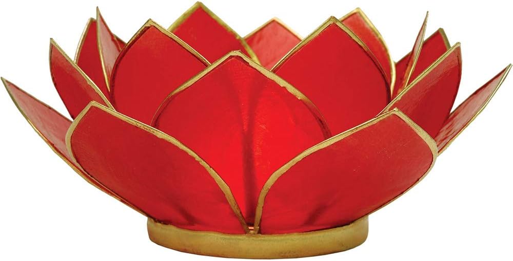 Luna Bazaar 3-Layer Capiz Lotus Candle Holder (2.25-Inch, Nani Design, Red , Gold-Edged) - for Use with Tea Lights - for Home Decor, Parties, and Wedding Decorations