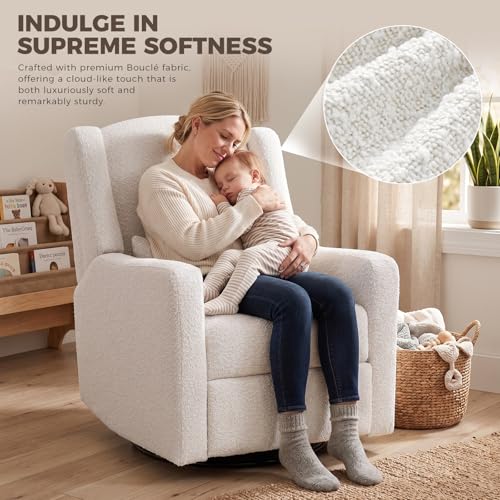 Image of Power Nursery Recliner Rocking Chair with Waist Pillow, Comfy Teddy Farbric, High Back & Lumbar Support Swivel Gilder Recliner for Adults, Living Room, Rocking Chair Nursery USB Charging, Beige