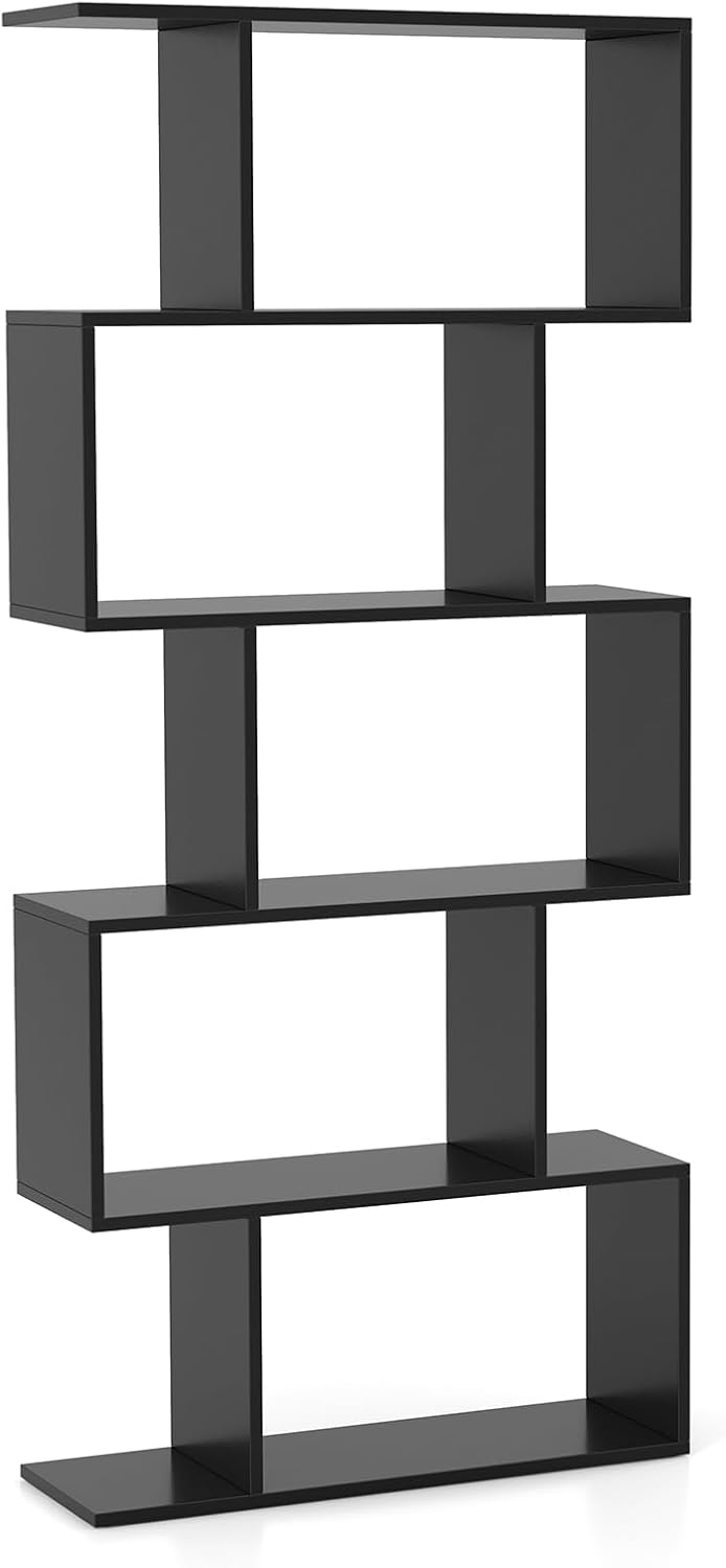 Giantex 5-Tier Geometric Bookshelf Black, 62.5" Tall Wood S-Shaped Bookcase with Anti-Tipping Device, Floor Standing Display Shelf for Bedroom, Living Room, Study