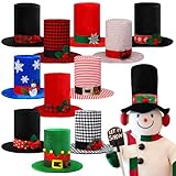 9 Pcs Christmas Snowman Top Hat for Crafts Tree Topper Black Top Hat Men with Plaid Band Holly and Berries Novelty Snowflake for Xmas Holiday Party Decorations