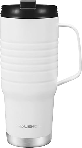 HAUSHOF Taza de viaje de 24 onzas con asa, taza de café aislada al vacío de acero inoxidable, tazas de viaje de doble pared con tapa a prueba de